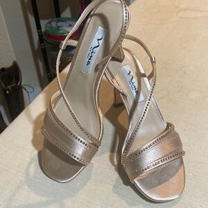 Nina Metallic Rose Gold Strappy Block Heel Sandals